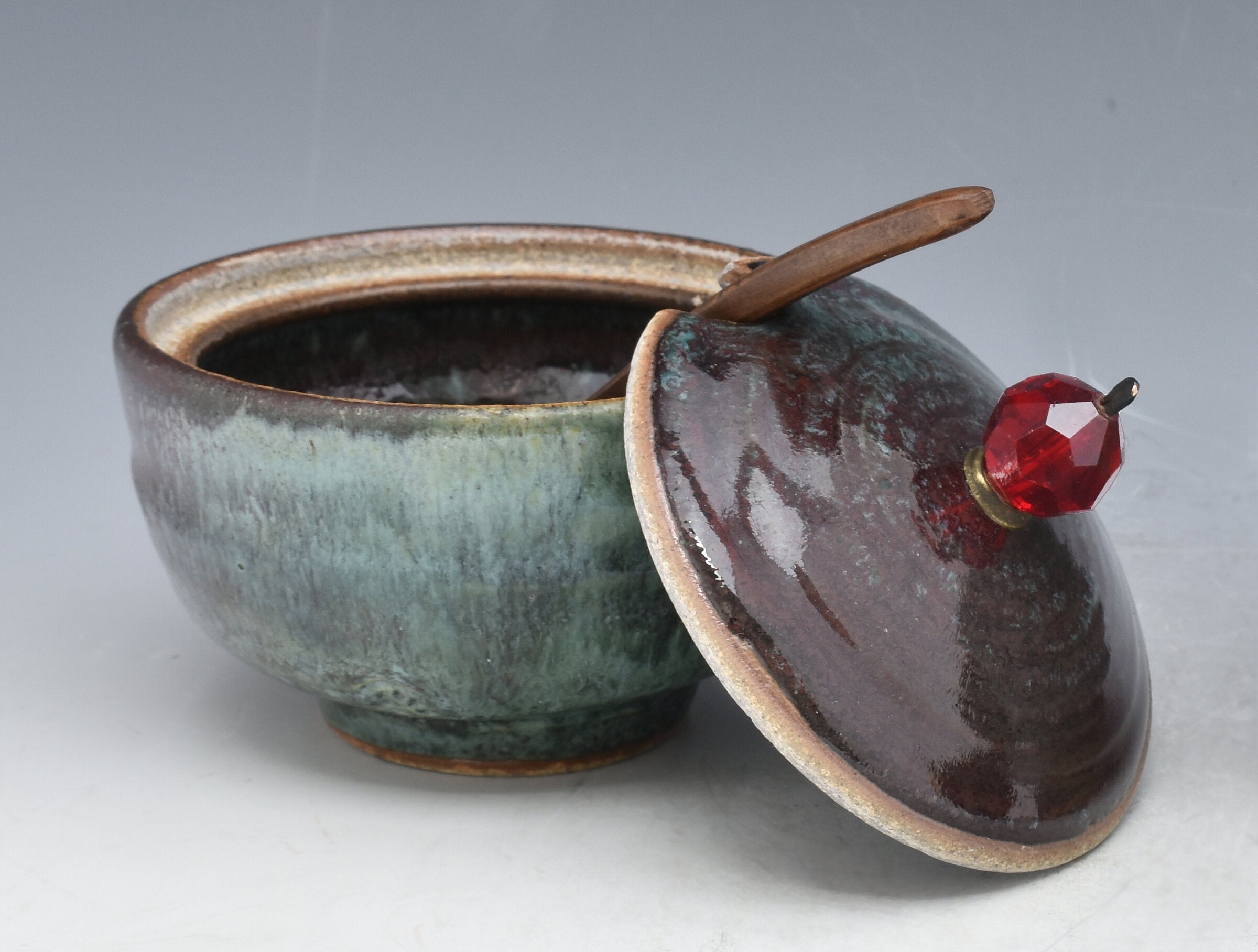 Red and Green Stoneware Sugar Bowl