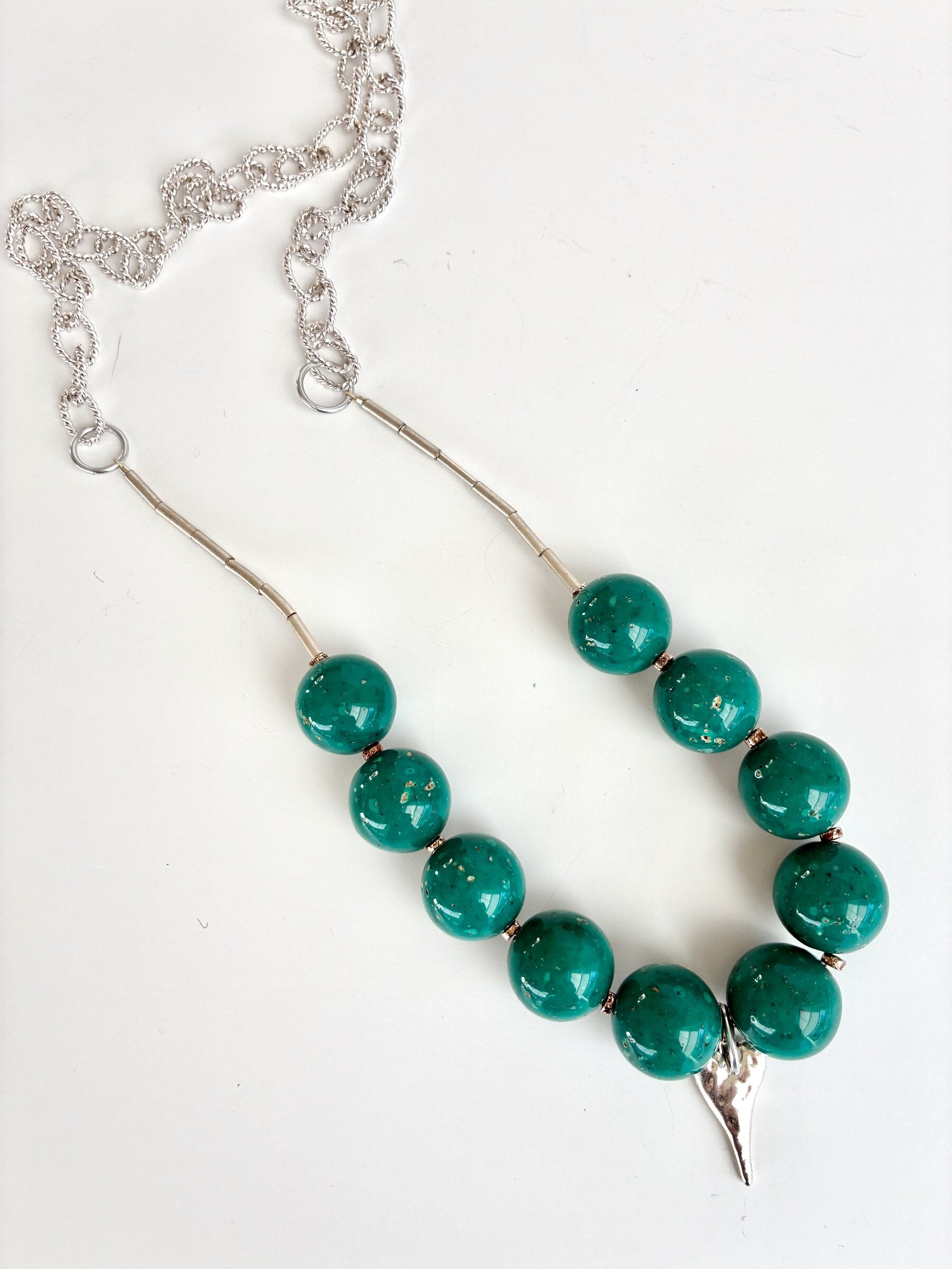 Silver Heart & Teal Beads Necklace