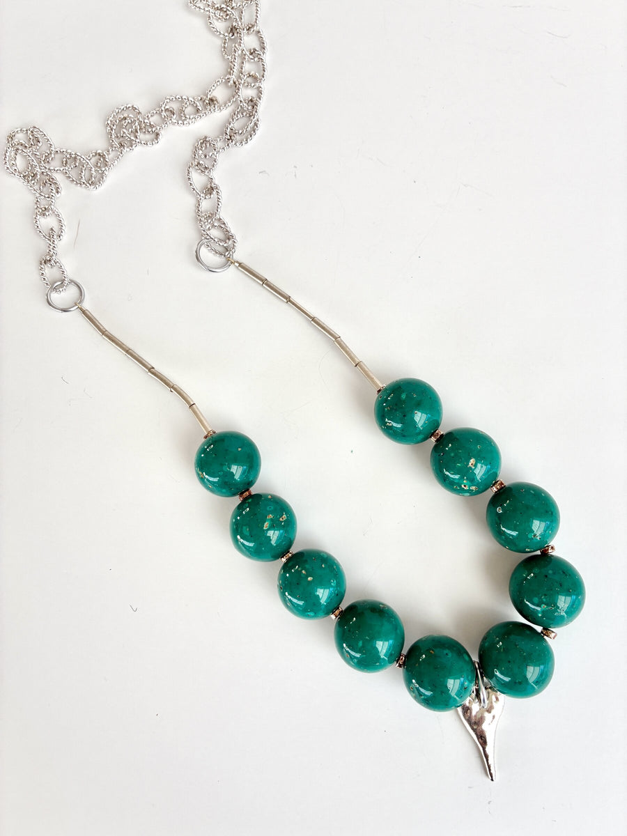 Silver Heart & Teal Beads Necklace