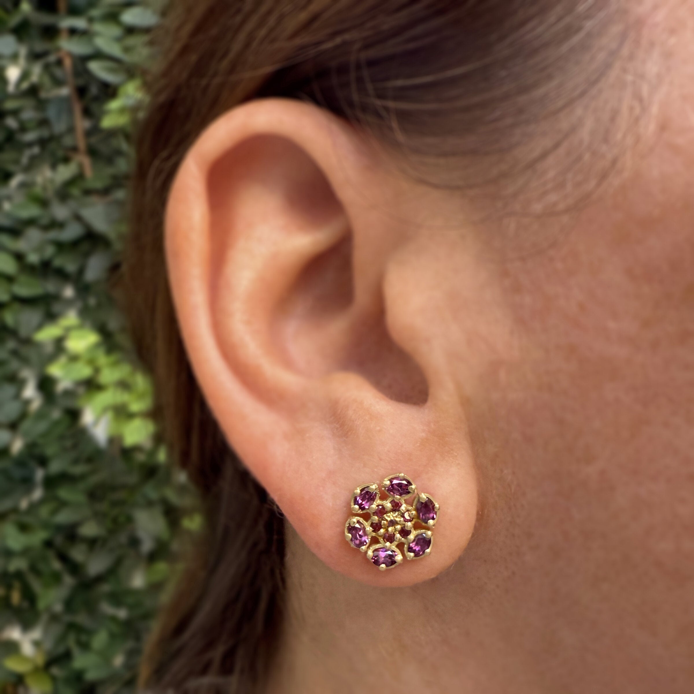 Bloom Stud Earrings with Rubellite, Tourmaline, and Rhodolite Garnet