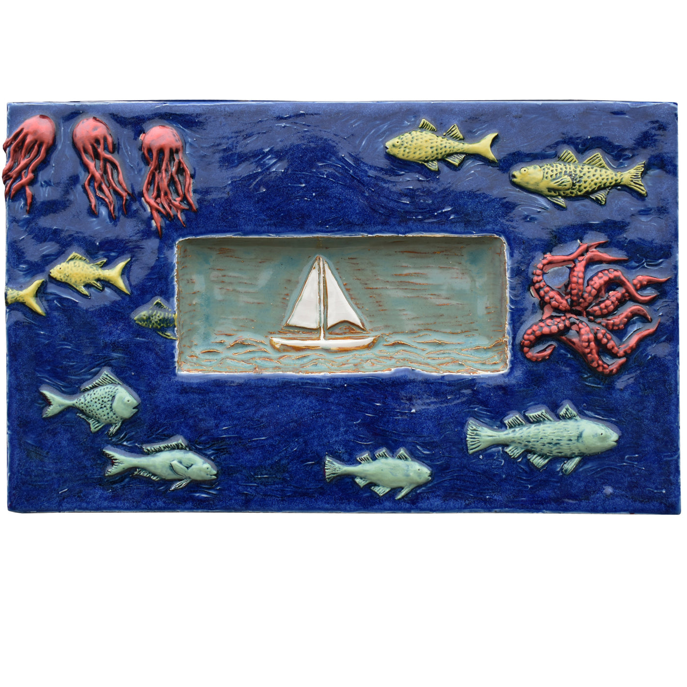Sail Boat Marine Wall Sculpture Tile in Antique Teal & Sapphire Blue