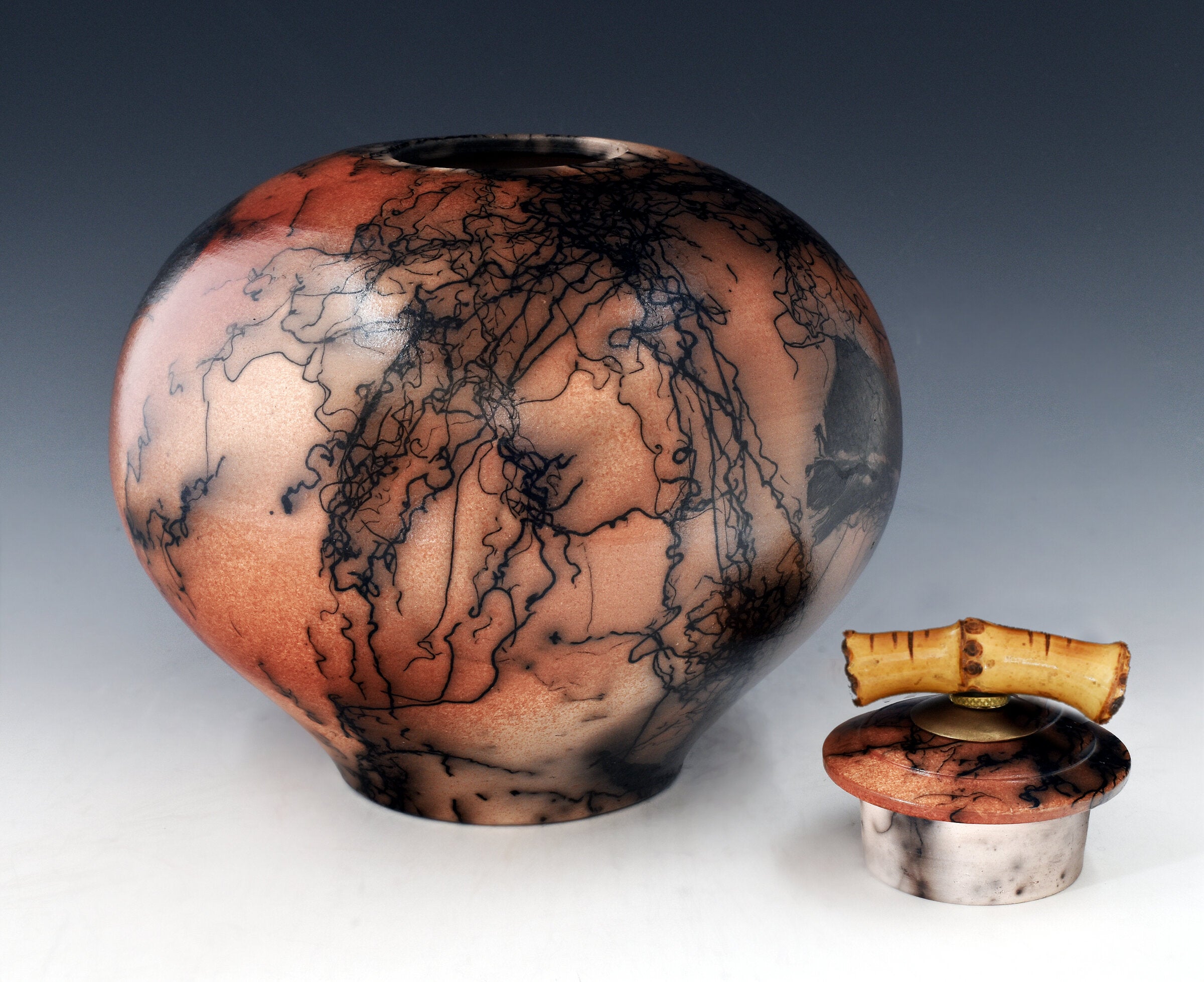 Horsehair Raku Urn with Bamboo Handle