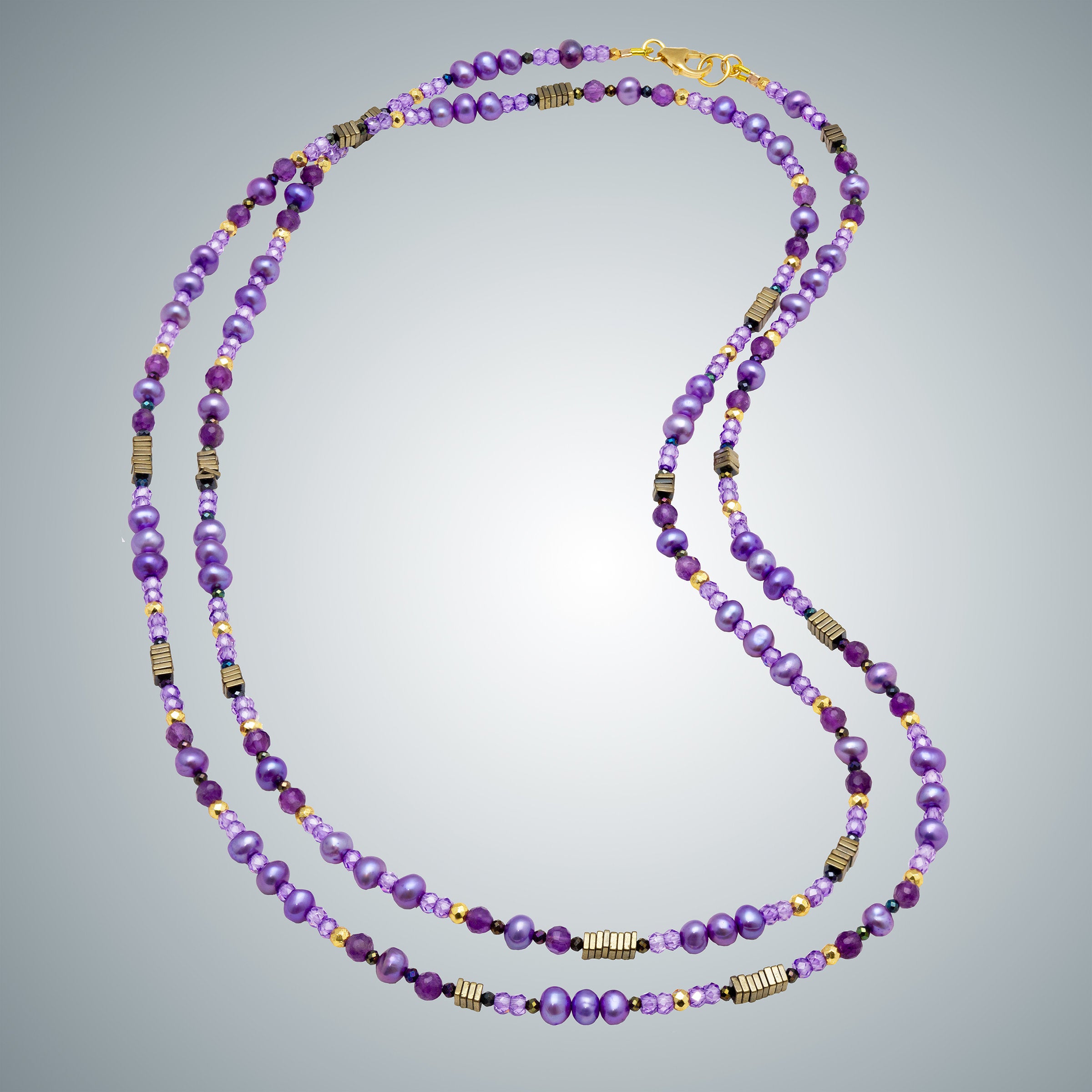 Purple Pearl, Amethyst and Pyrite Necklace