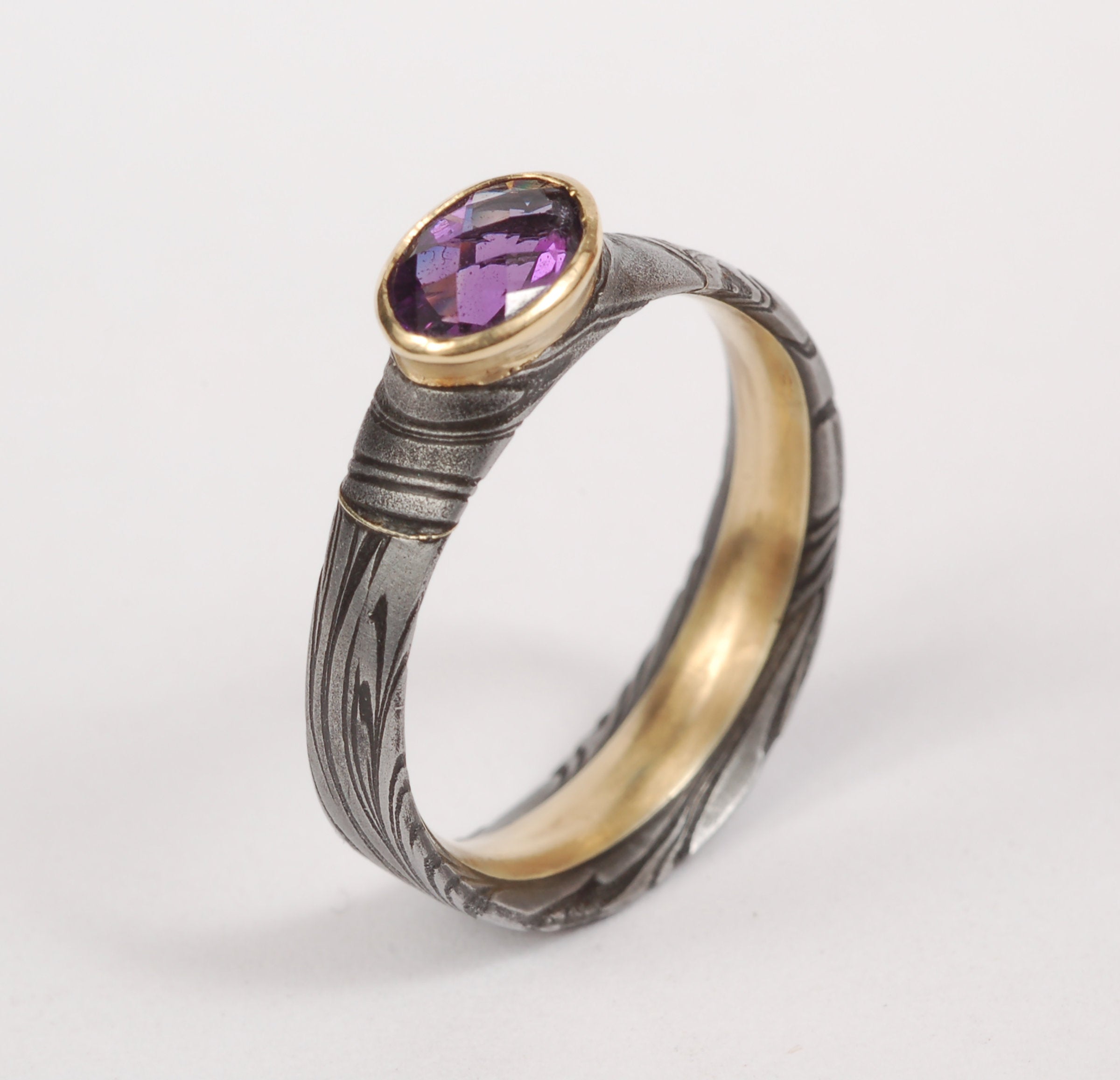 Damascus Steel & Amethyst Ring