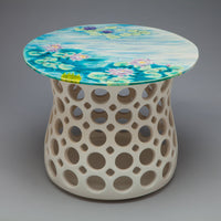 Turquoise Water Lily Motif Ceramic Side Table