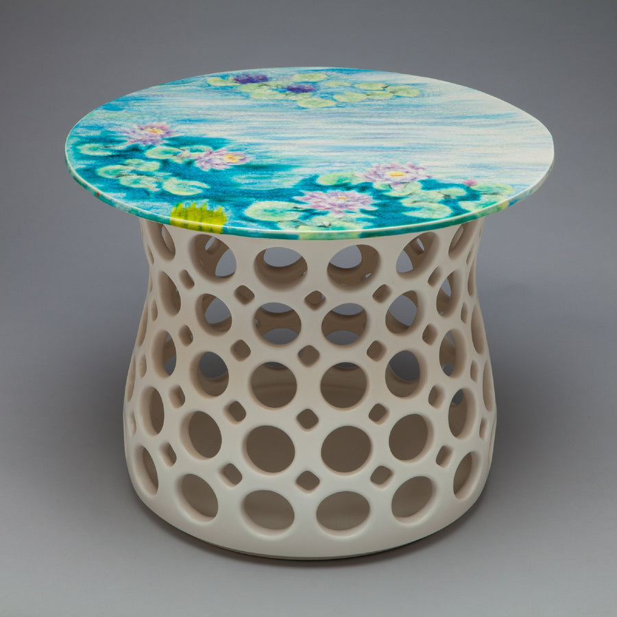 Turquoise Water Lily Motif Ceramic Side Table