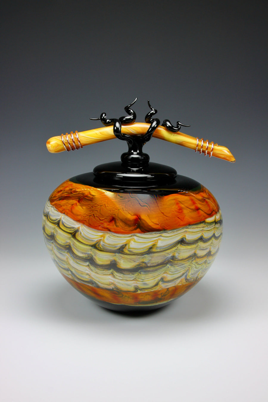 Black Opal Covered Sphere with Tied Bone Finial