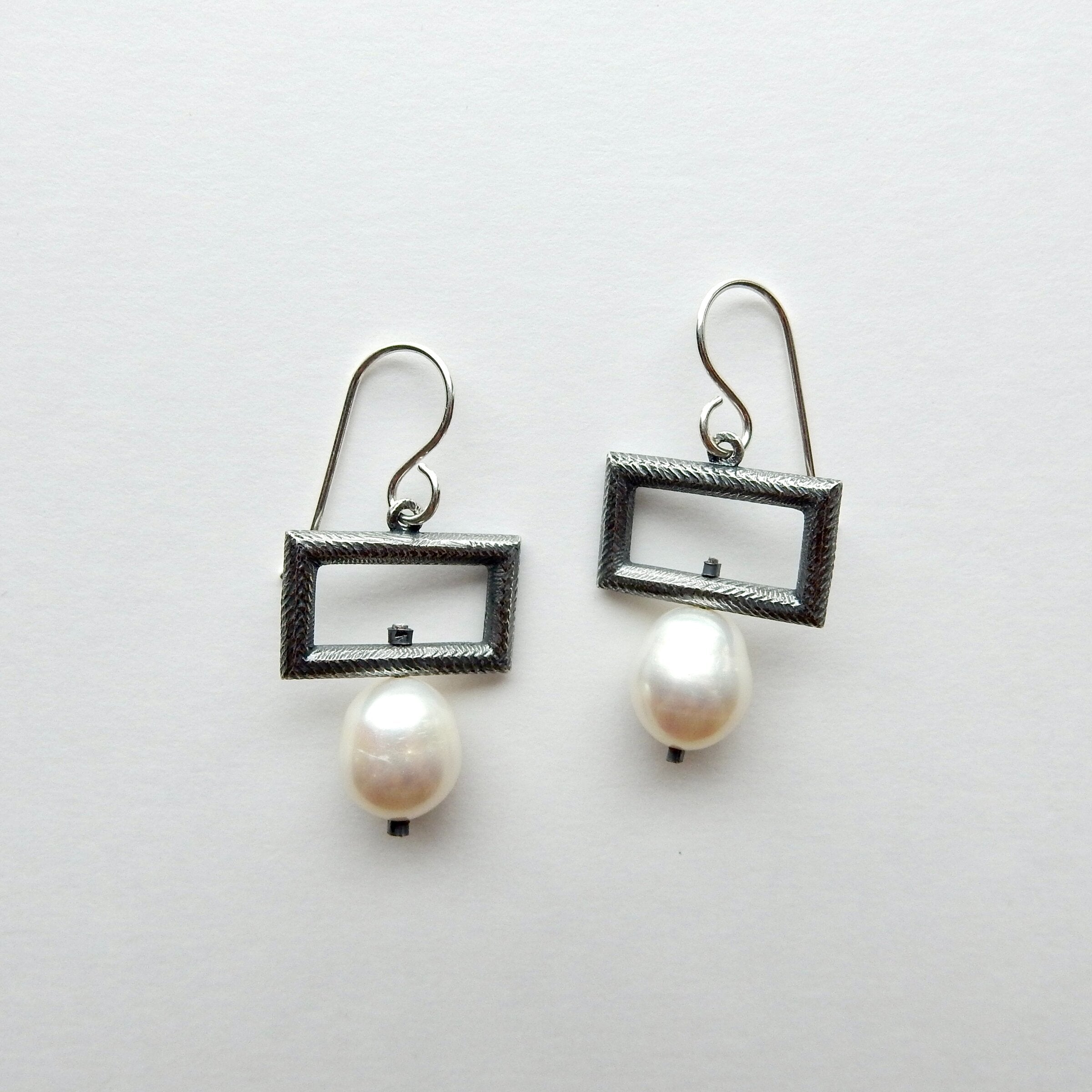 Silver Rectangle & Pearl Earrings