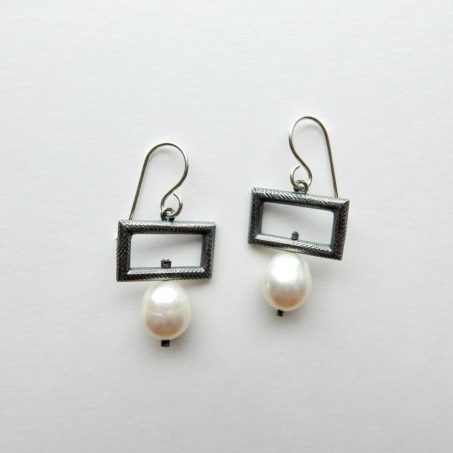 Silver Rectangle & Pearl Earrings