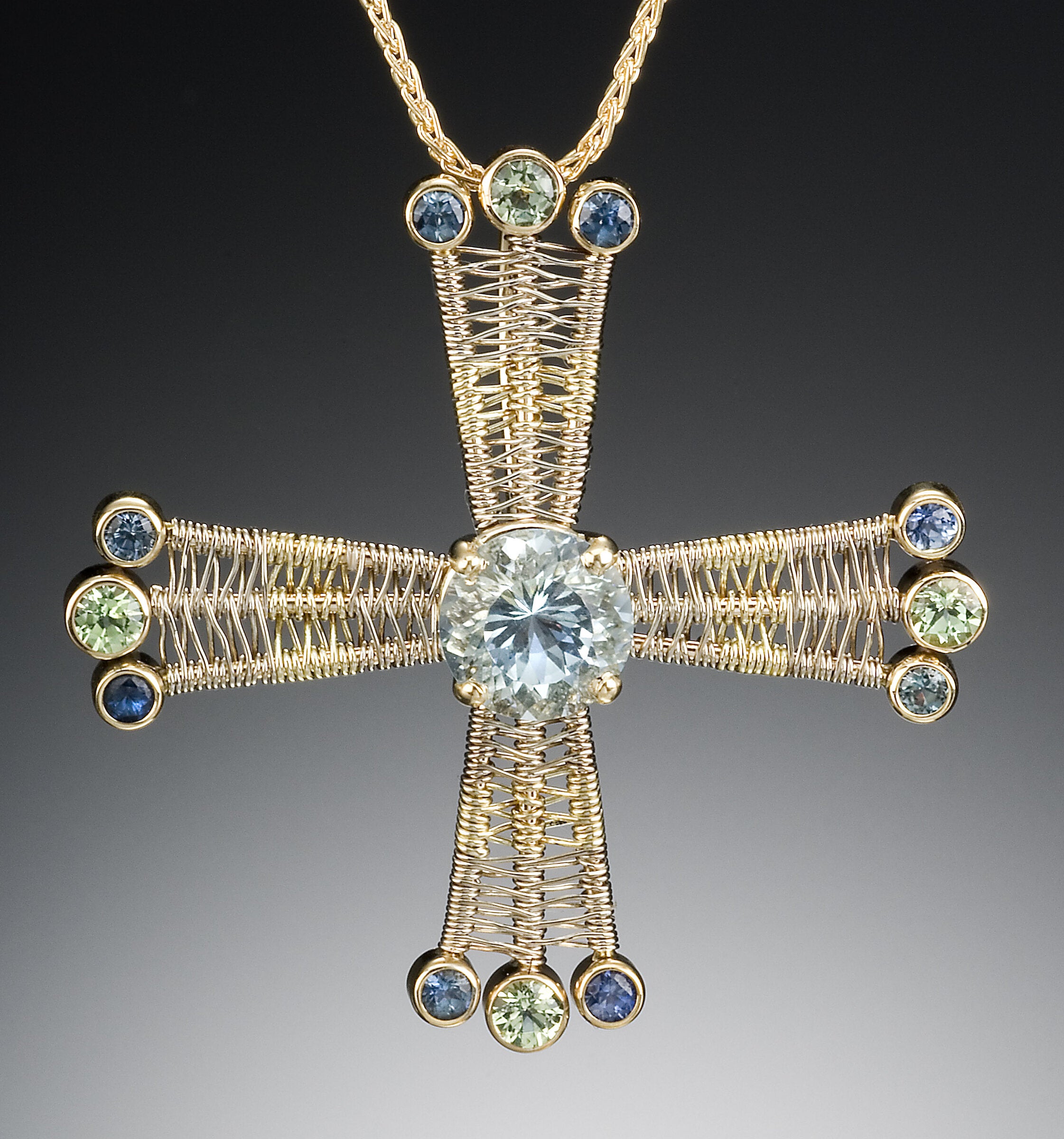 Aquamarine and Sapphire Clover Gold Pendant