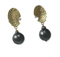Hammered Gold, Diamond, and Tahitian Pearl Dangle Earrings