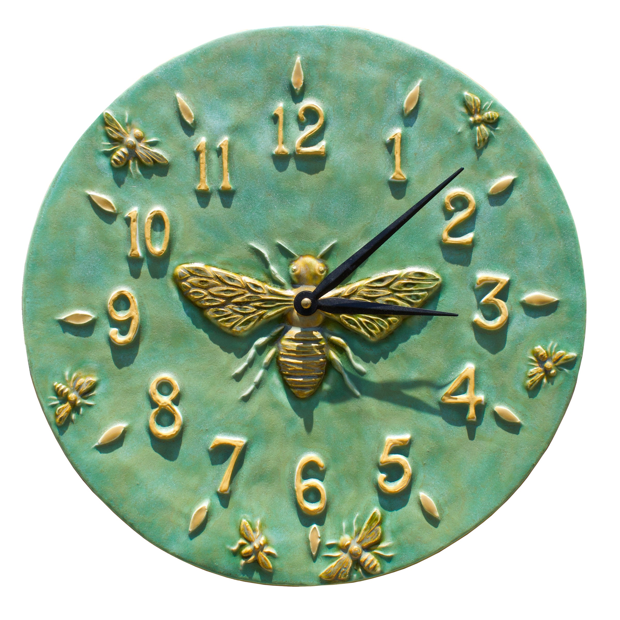 Honeybee Ceramic Wall Clock in Patina Green & Amber
