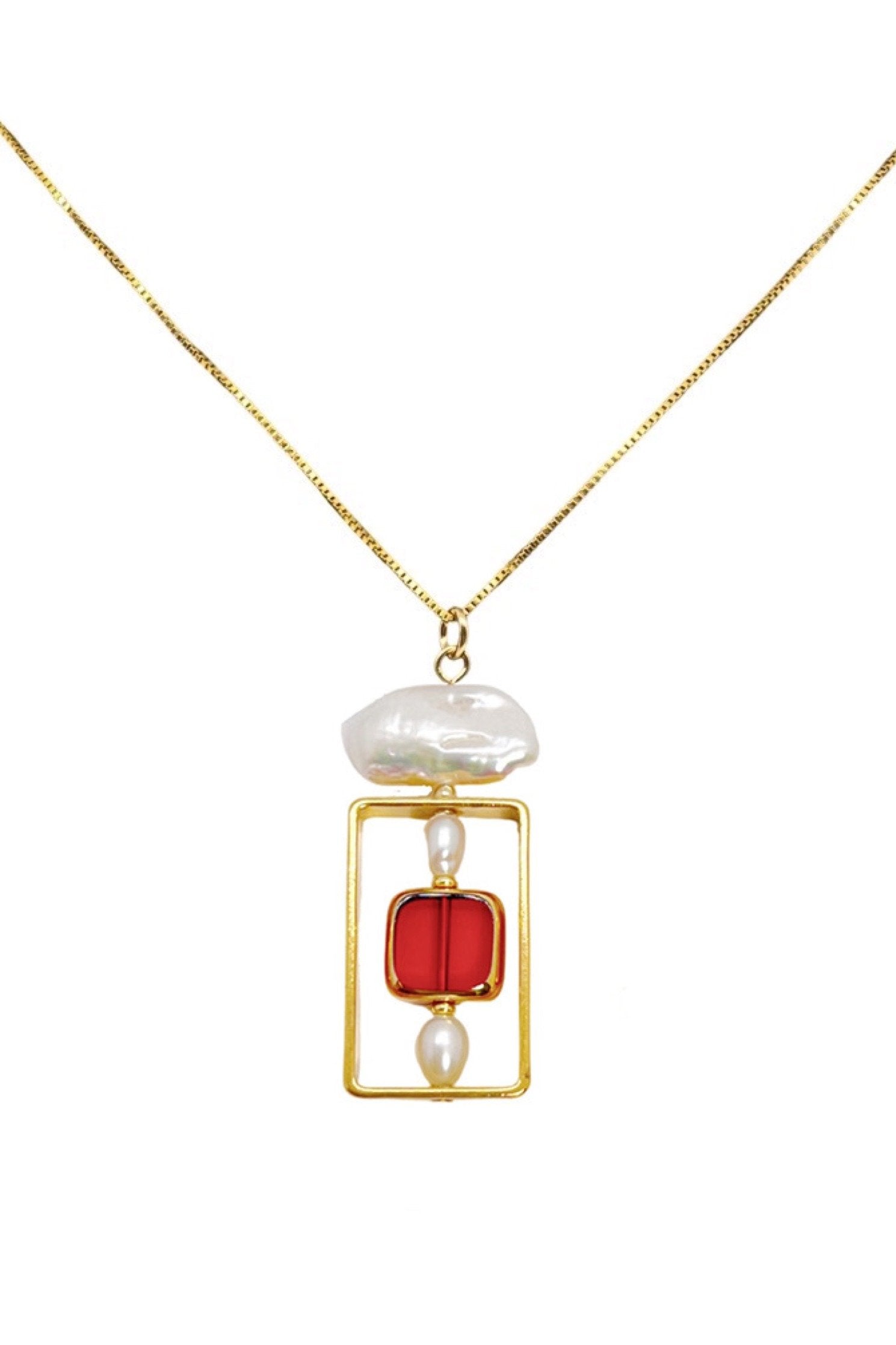 Biwa Pearl & Red Glass Pendant