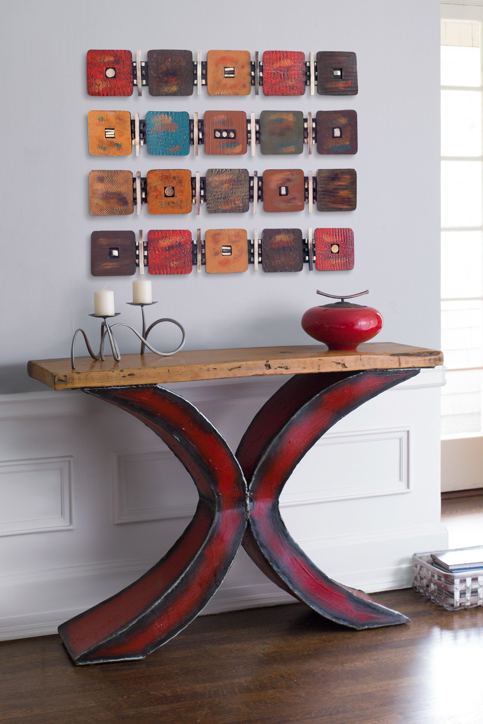 top to bottom: red, teal, earth, red