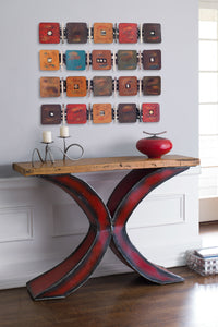 top to bottom: red, teal, earth, red