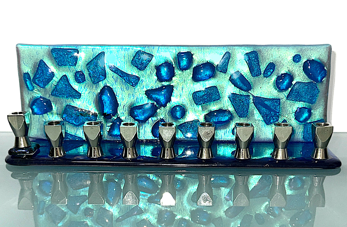 Turquoise and Blue Dichroic Menorah