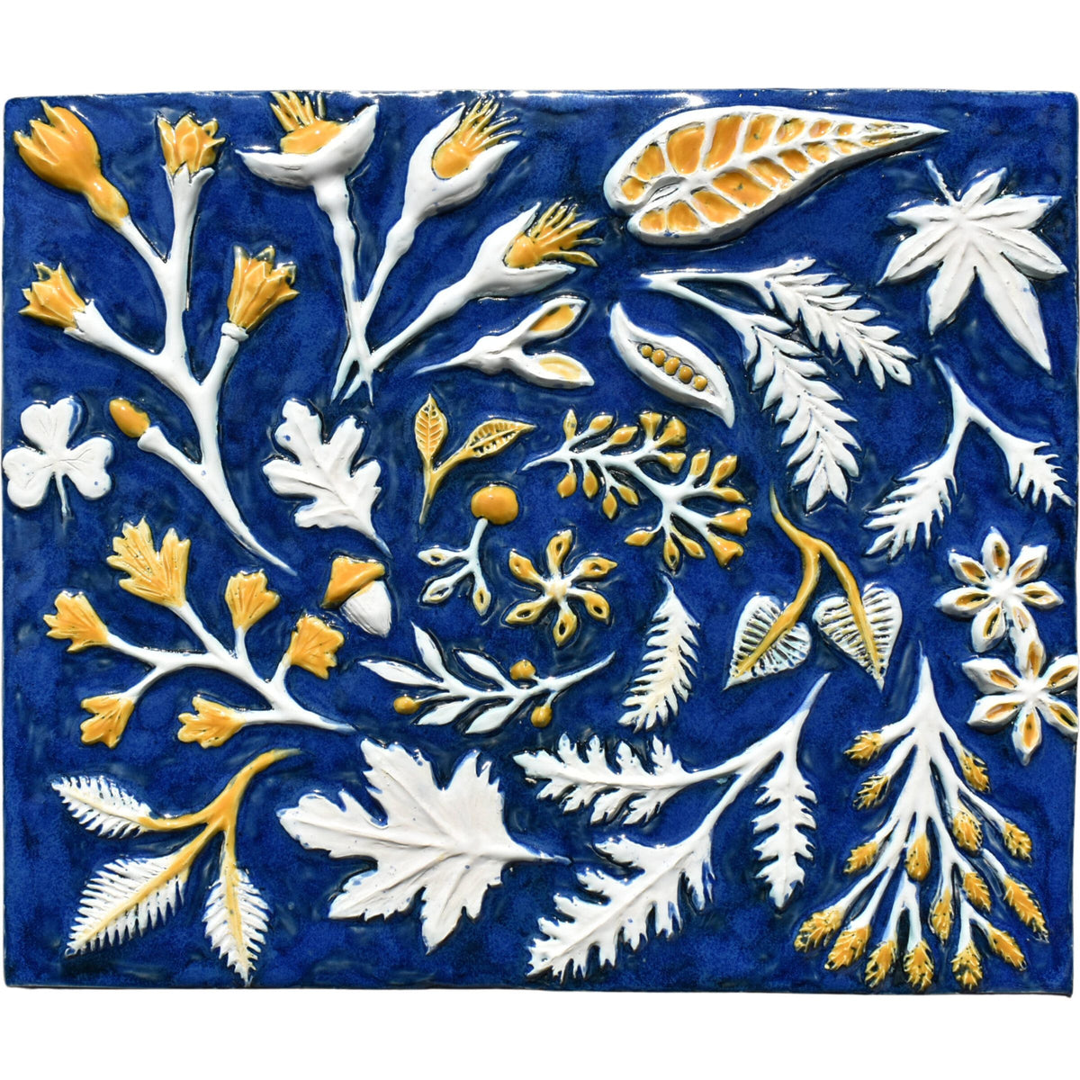 Spiral of Leaves in Sapphire Blue, White and Yellow