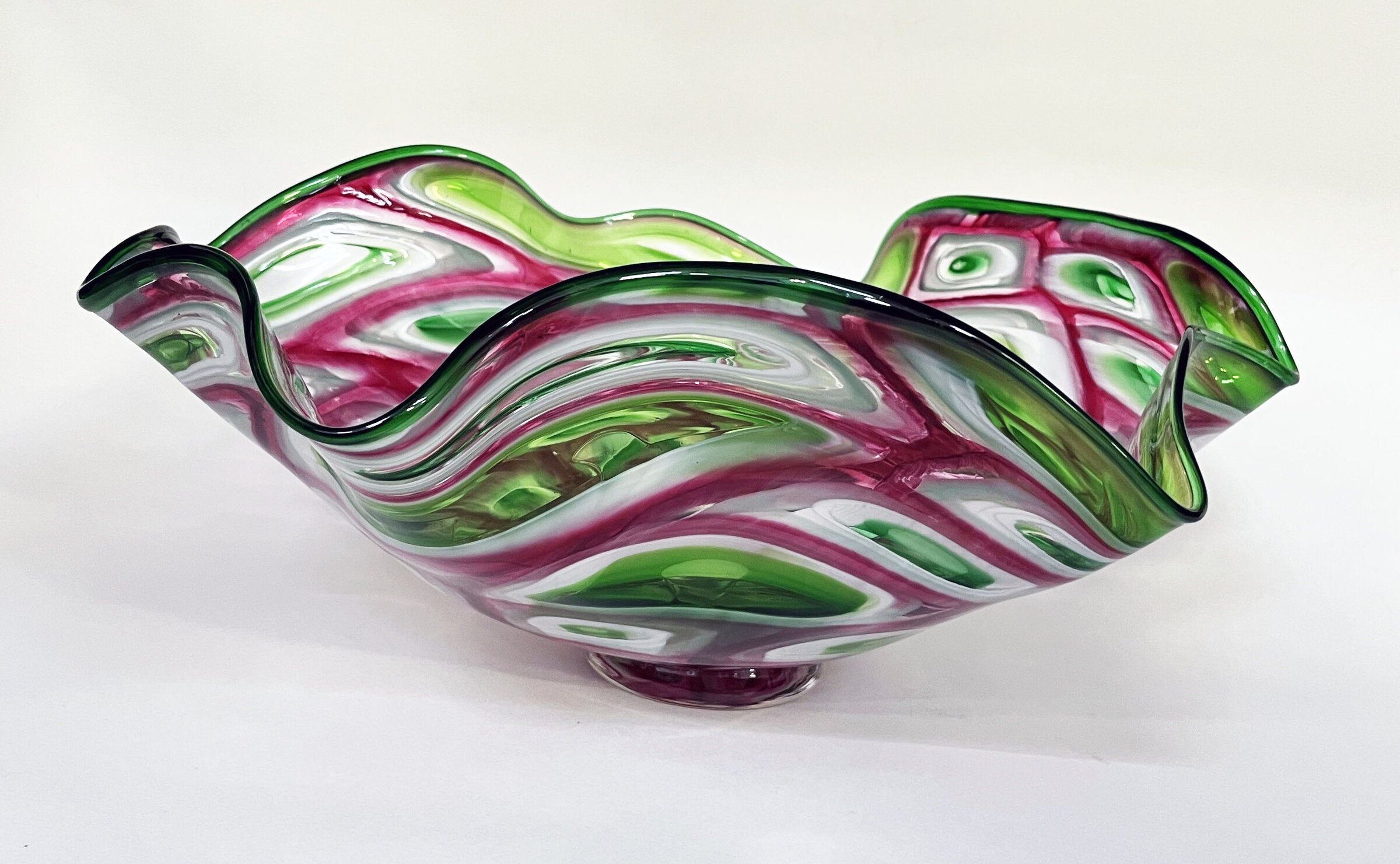 Pink, Green, and White Mosaic Ruffled Bowl