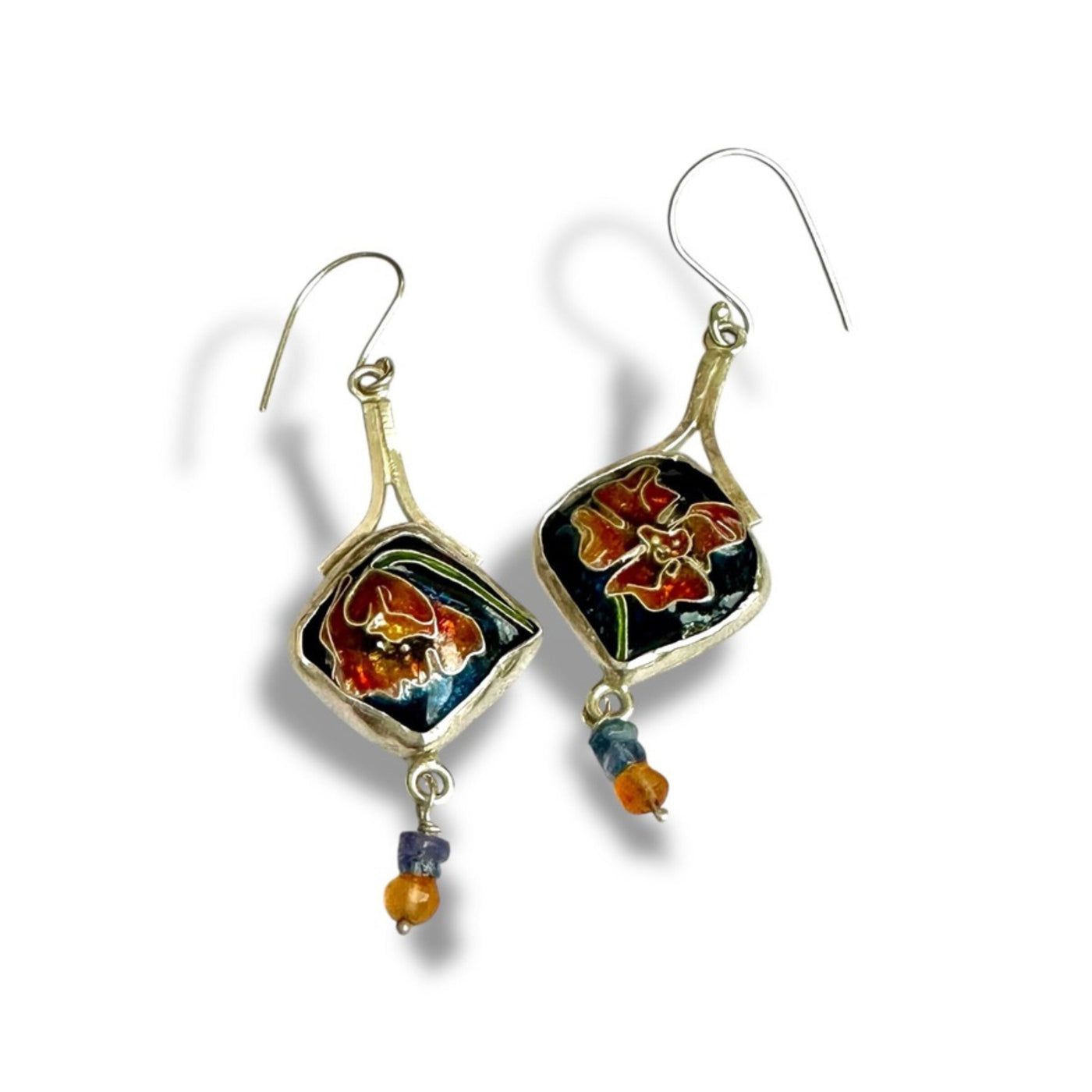 Asymmetrical Cloisonne Poppy Earrings