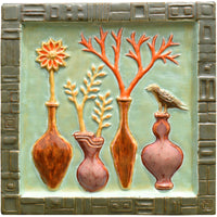 Vases and Vines Ceramic Wall Tile in Green and Orange