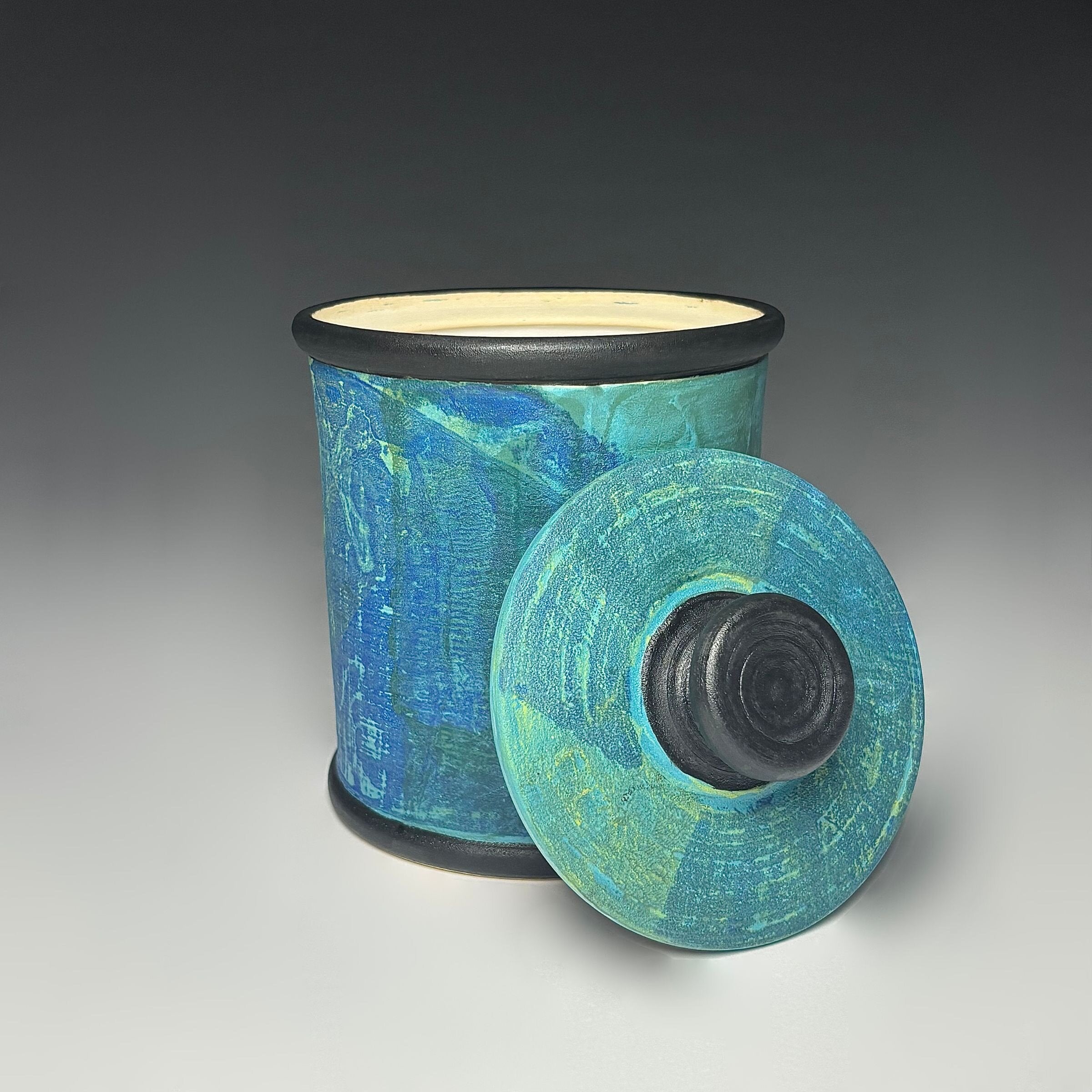 Painterly Lidded Jar in Blue Green Split
