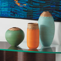 left to right: Tuscan Green Sphere Vessel, Orange Tower Vessel, Dragonfly Blue Bullet Vessel