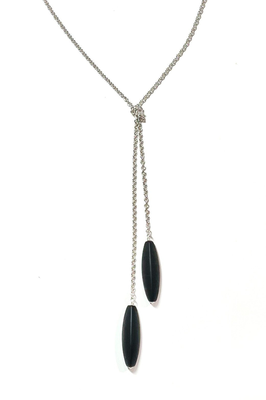 Long Tri-Sided Onyx Drop Silver Necklace