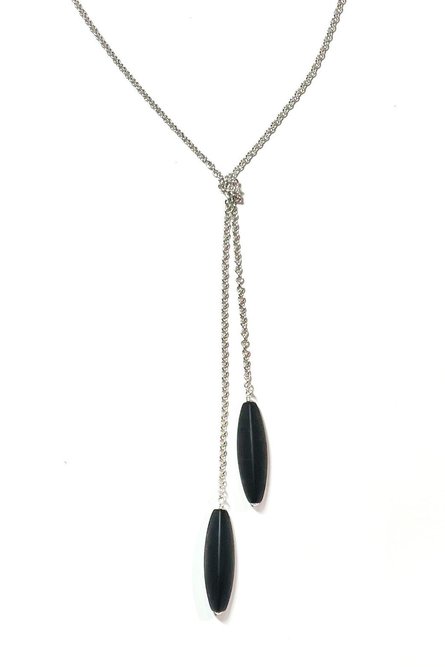 Long Tri-Sided Onyx Drop Silver Necklace