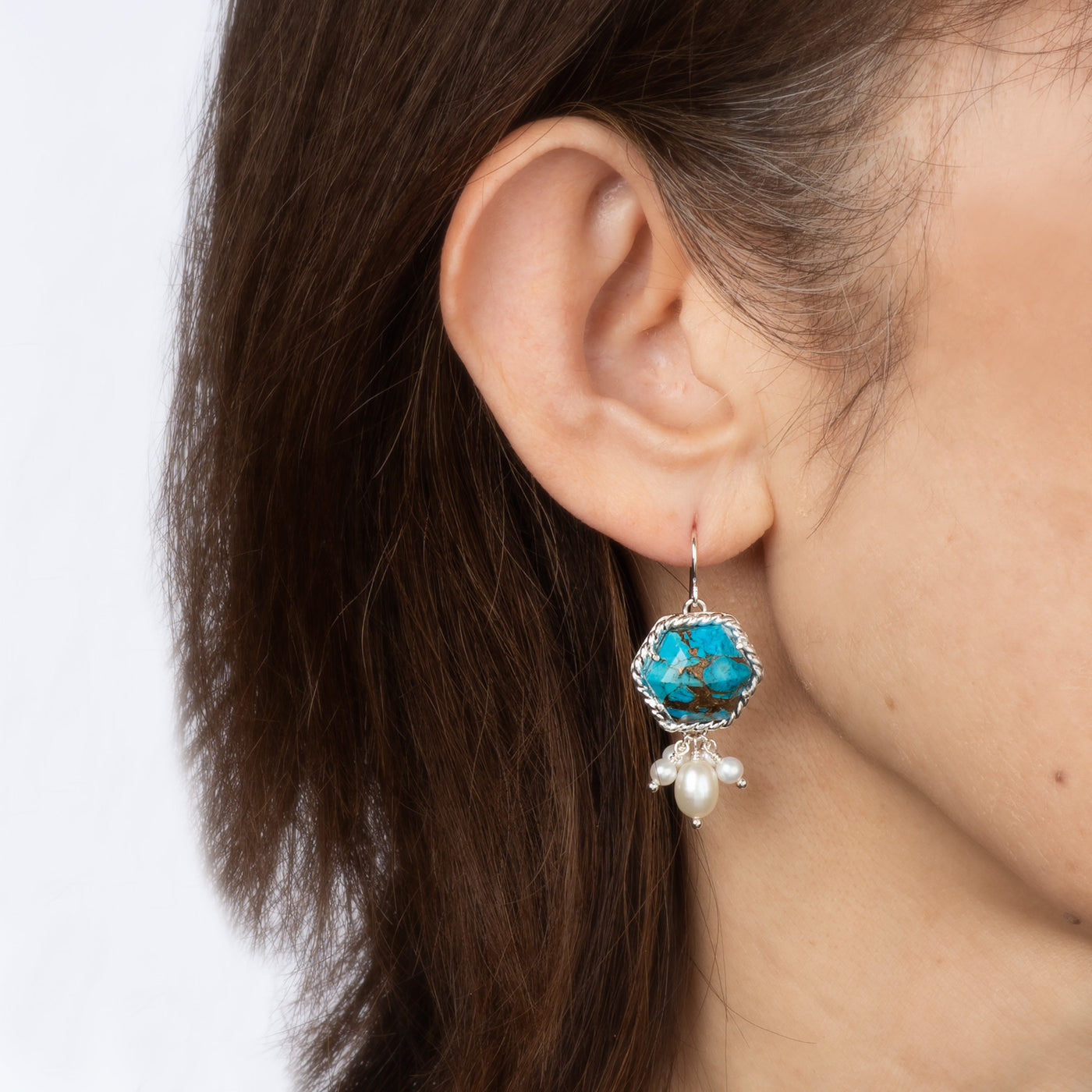 Hexagonal Copper Turquoise & Pearl Earrings