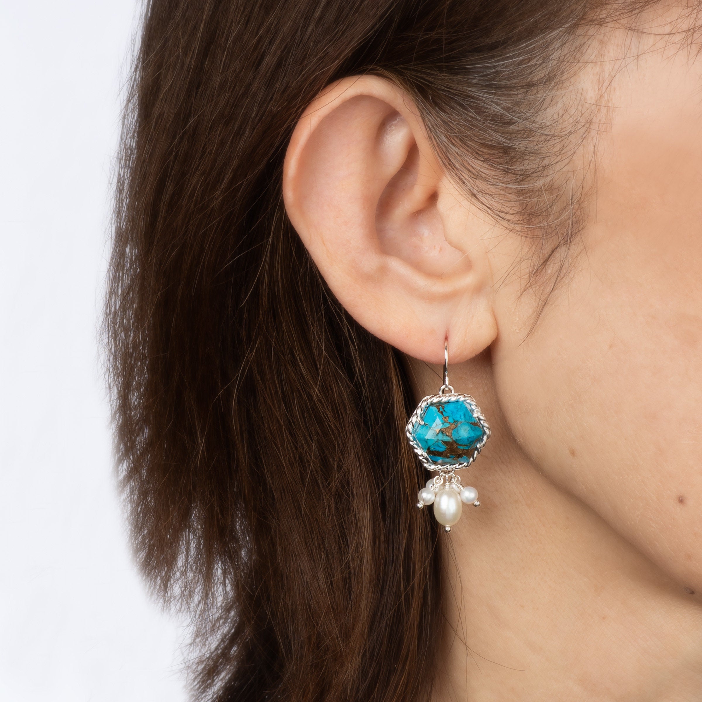 Hexagonal Copper Turquoise & Pearl Earrings