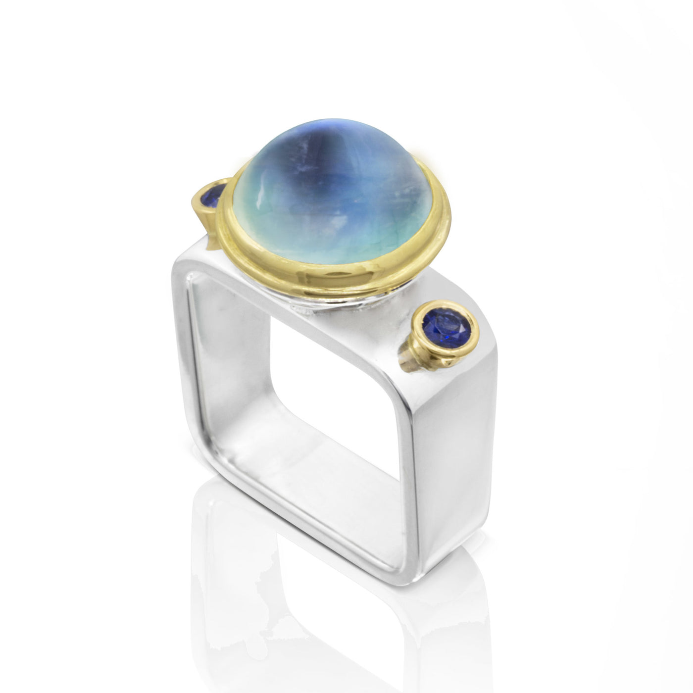 Moonstone & Sapphires Square Ring
