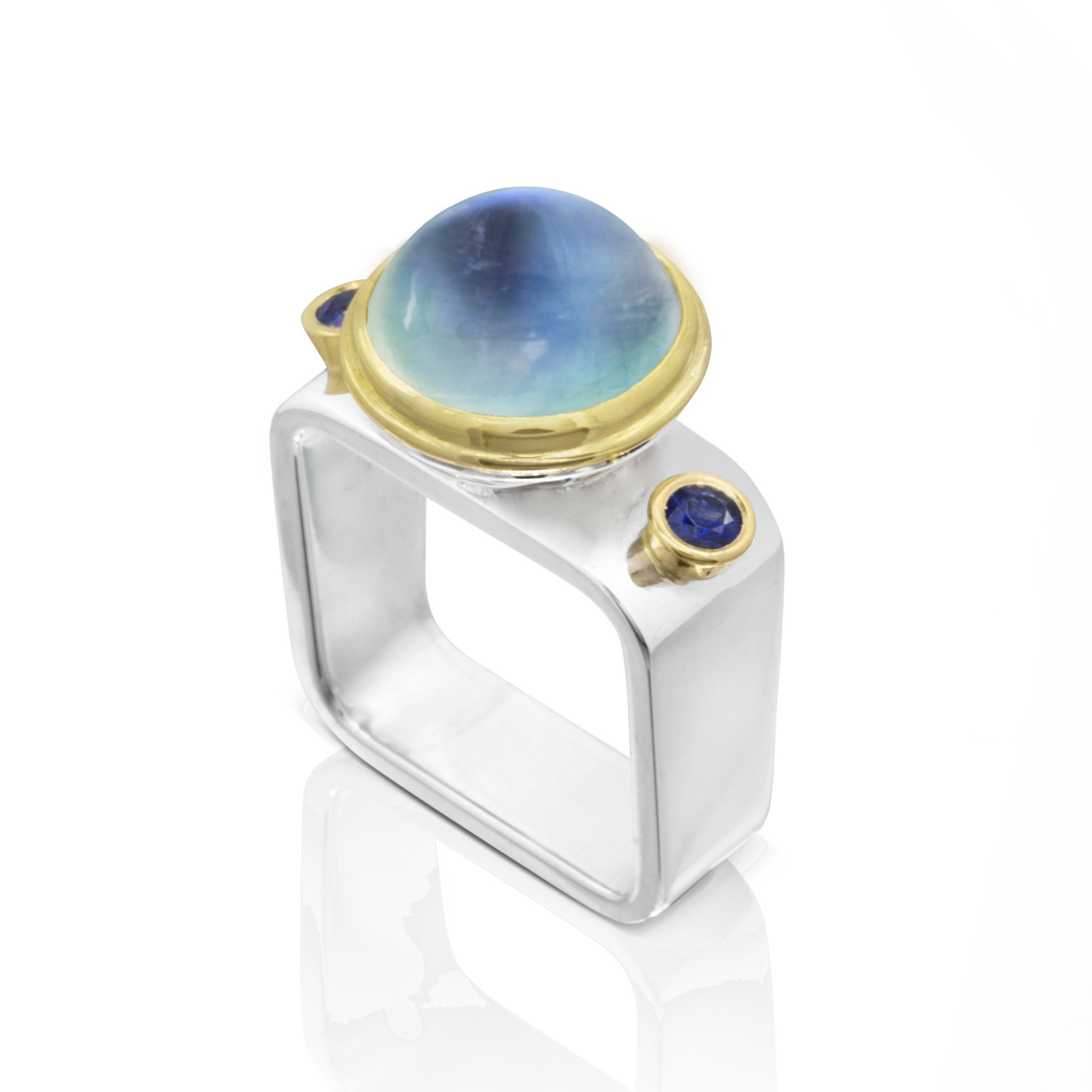 Moonstone & Sapphires Square Ring