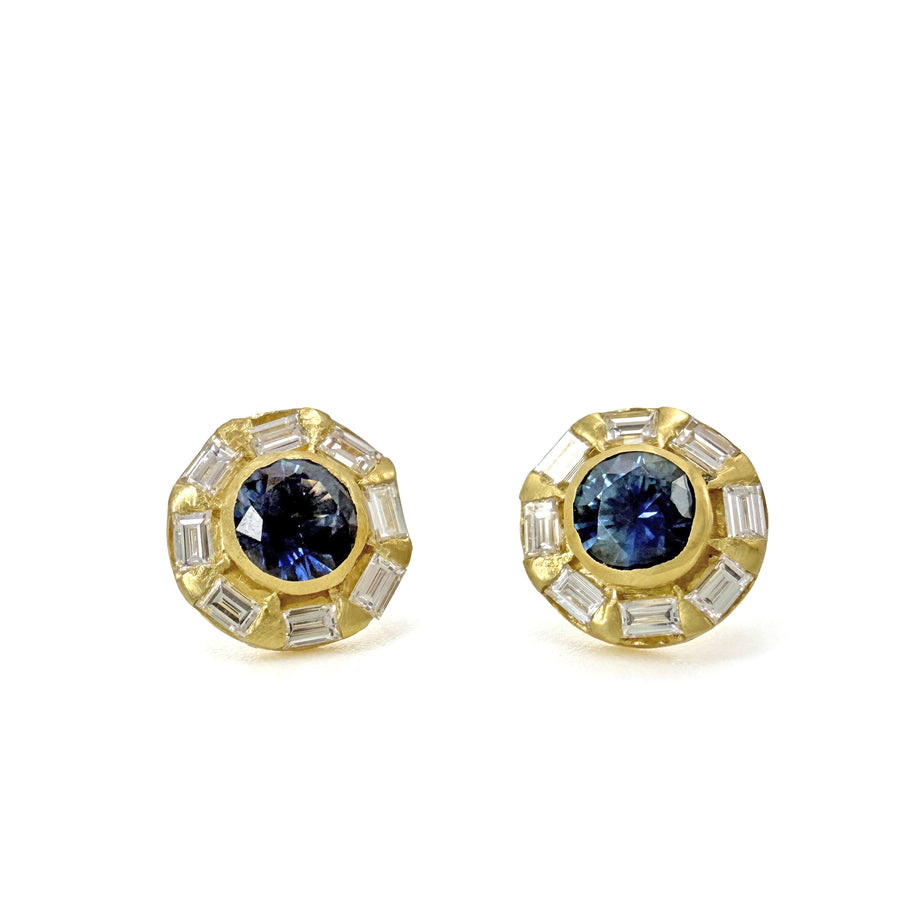 Montana Sapphire & Baguette Diamond Halo Earrings