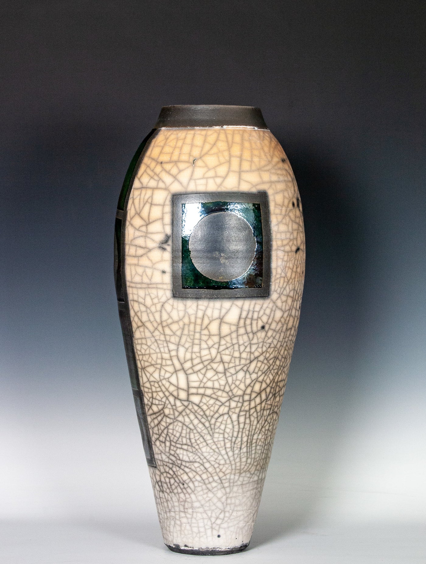 Raku Vase with Circle Ladder Motif in Orange