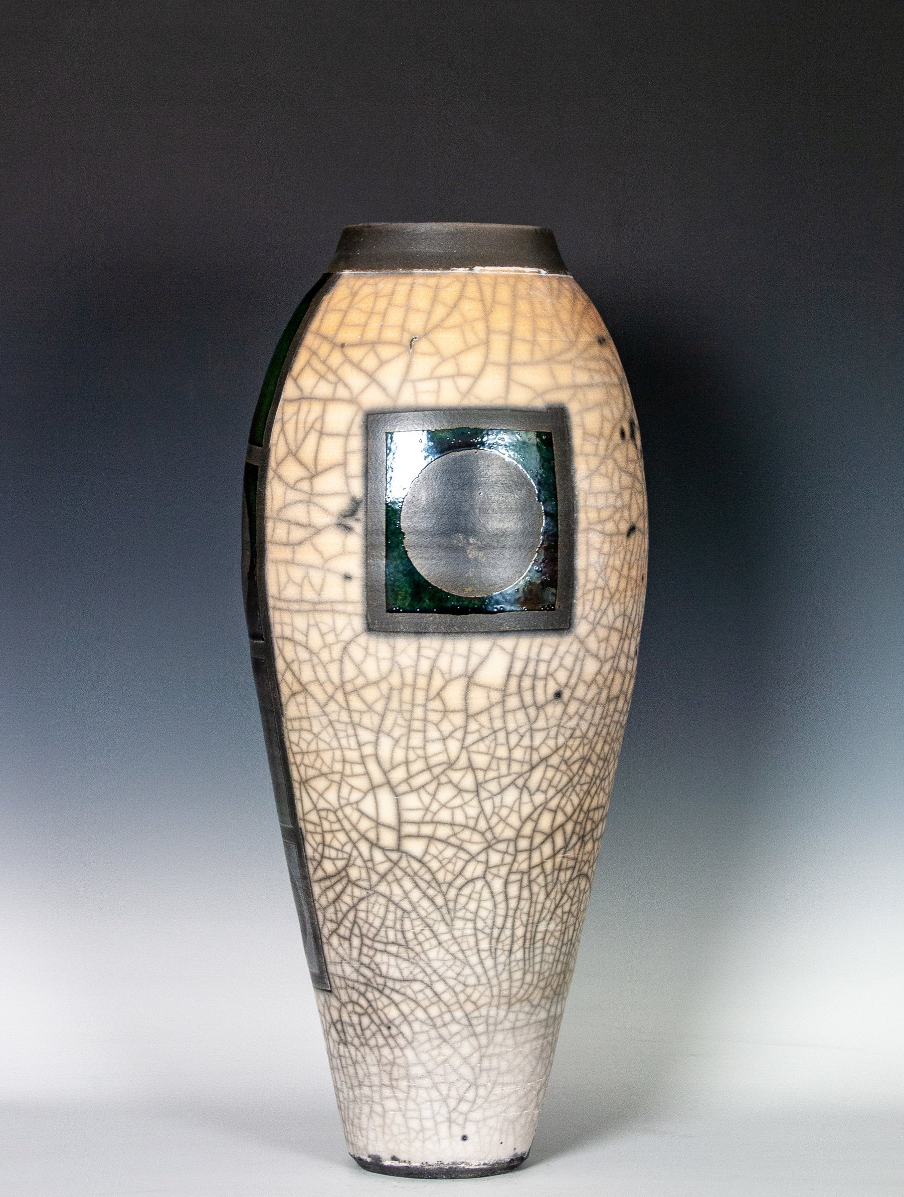 Raku Vase with Circle Ladder Motif in Orange
