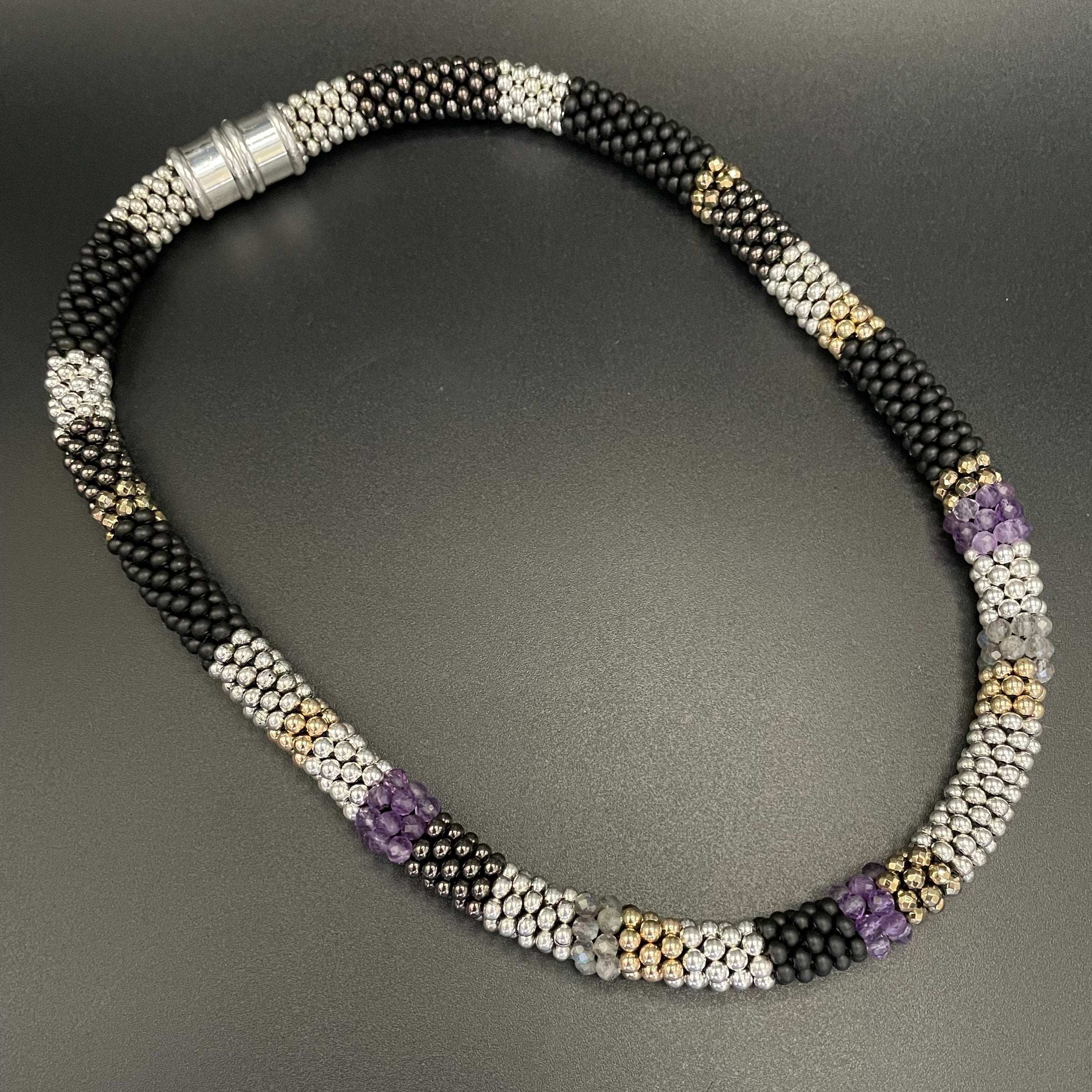 Amethyst and Metallic Bead Crochet Collar Necklace