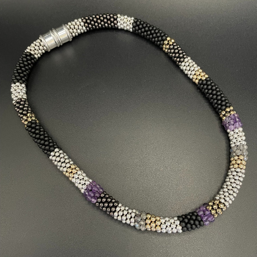 Amethyst and Metallic Bead Crochet Collar Necklace