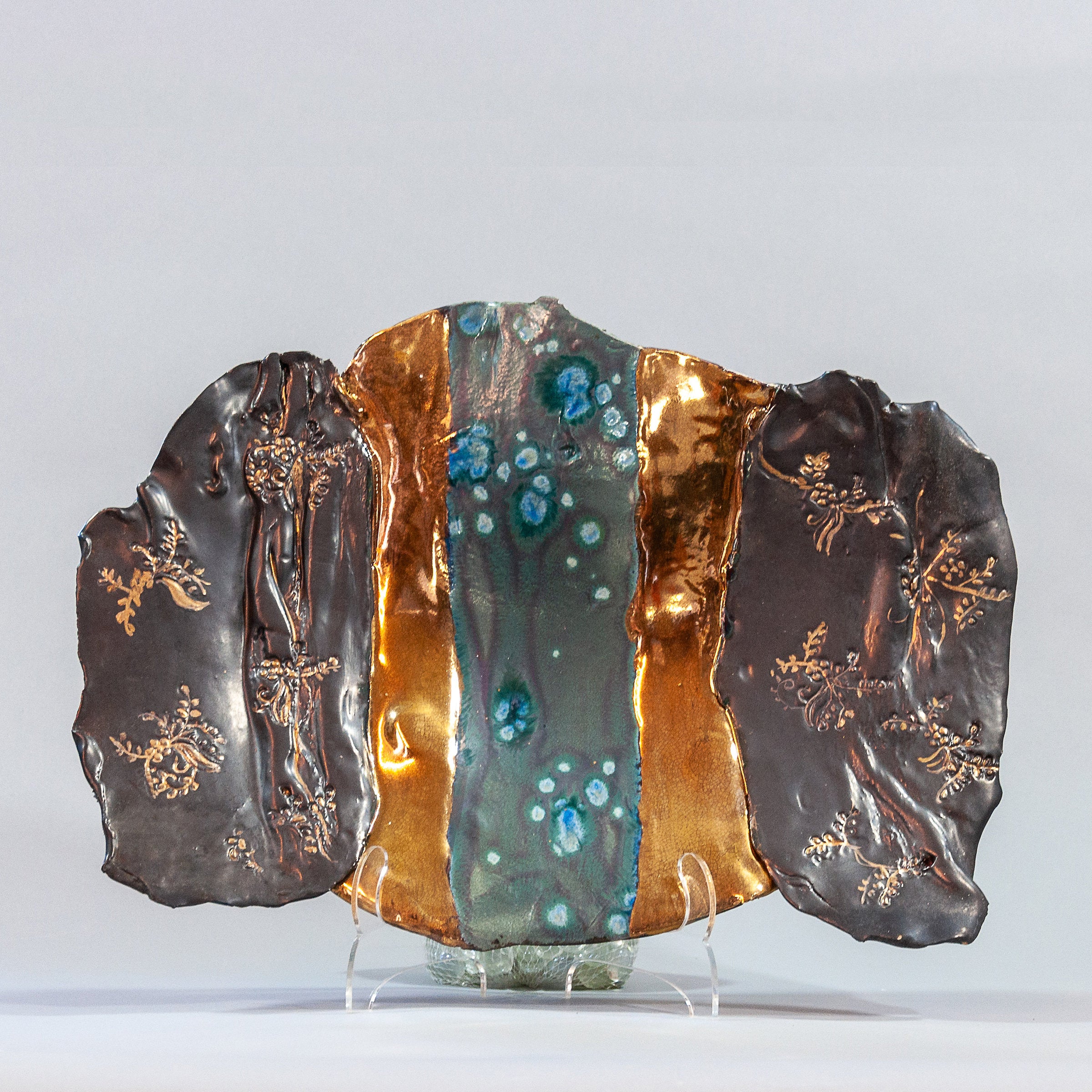 Multicolored Blue Porcelain Platter with Gold and Floral Accents