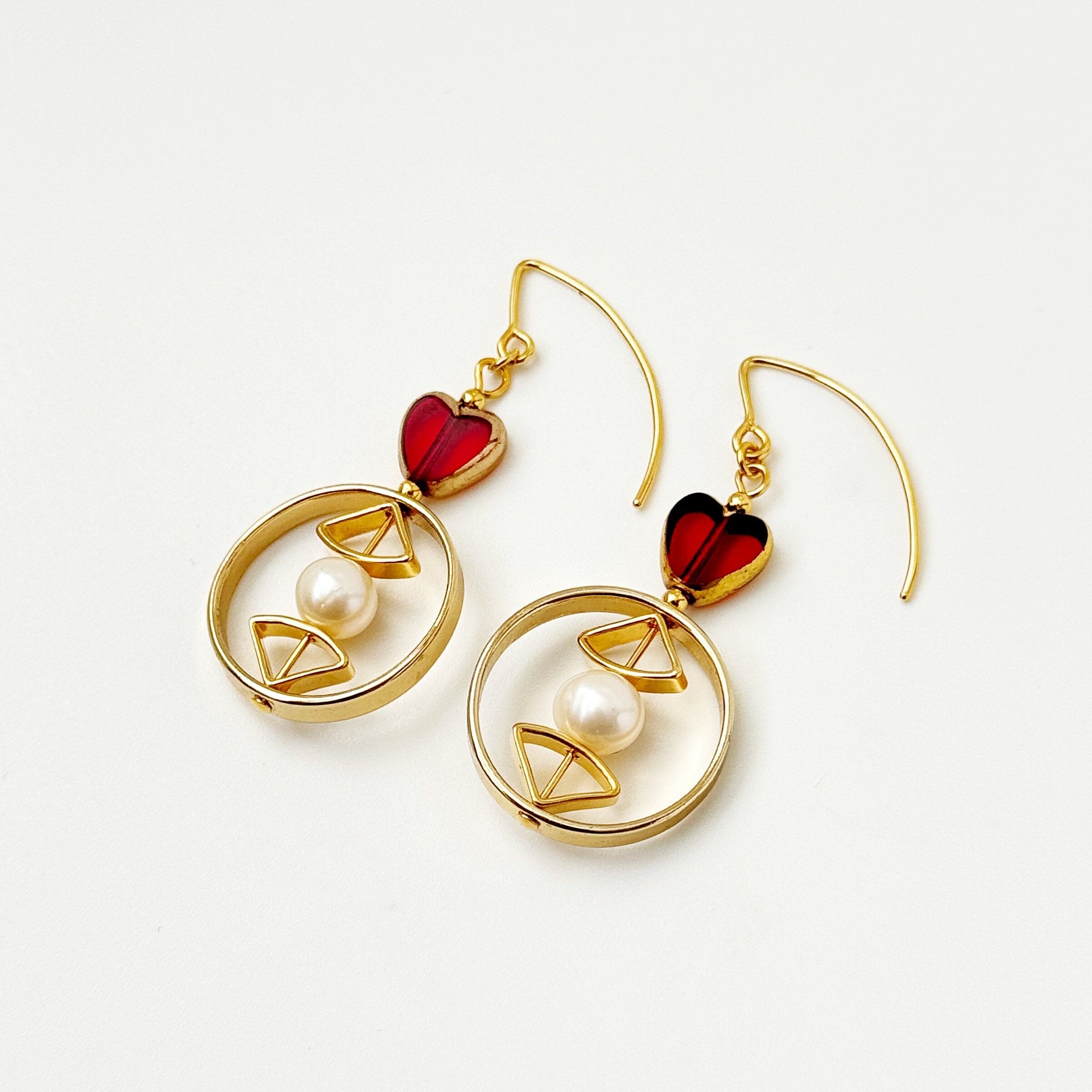 Red Heart & Pearl Earrings