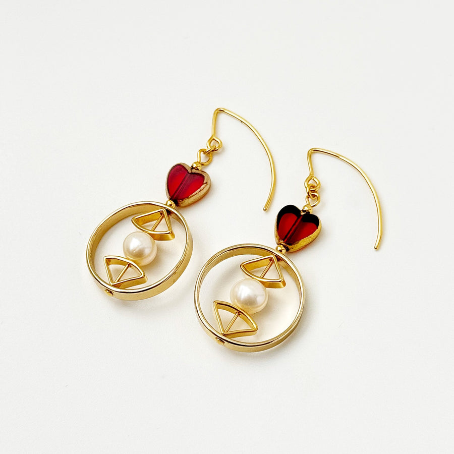 Red Heart & Pearl Earrings