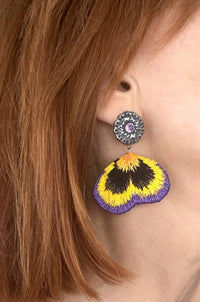 Purple Pansy Embroidered Earrings