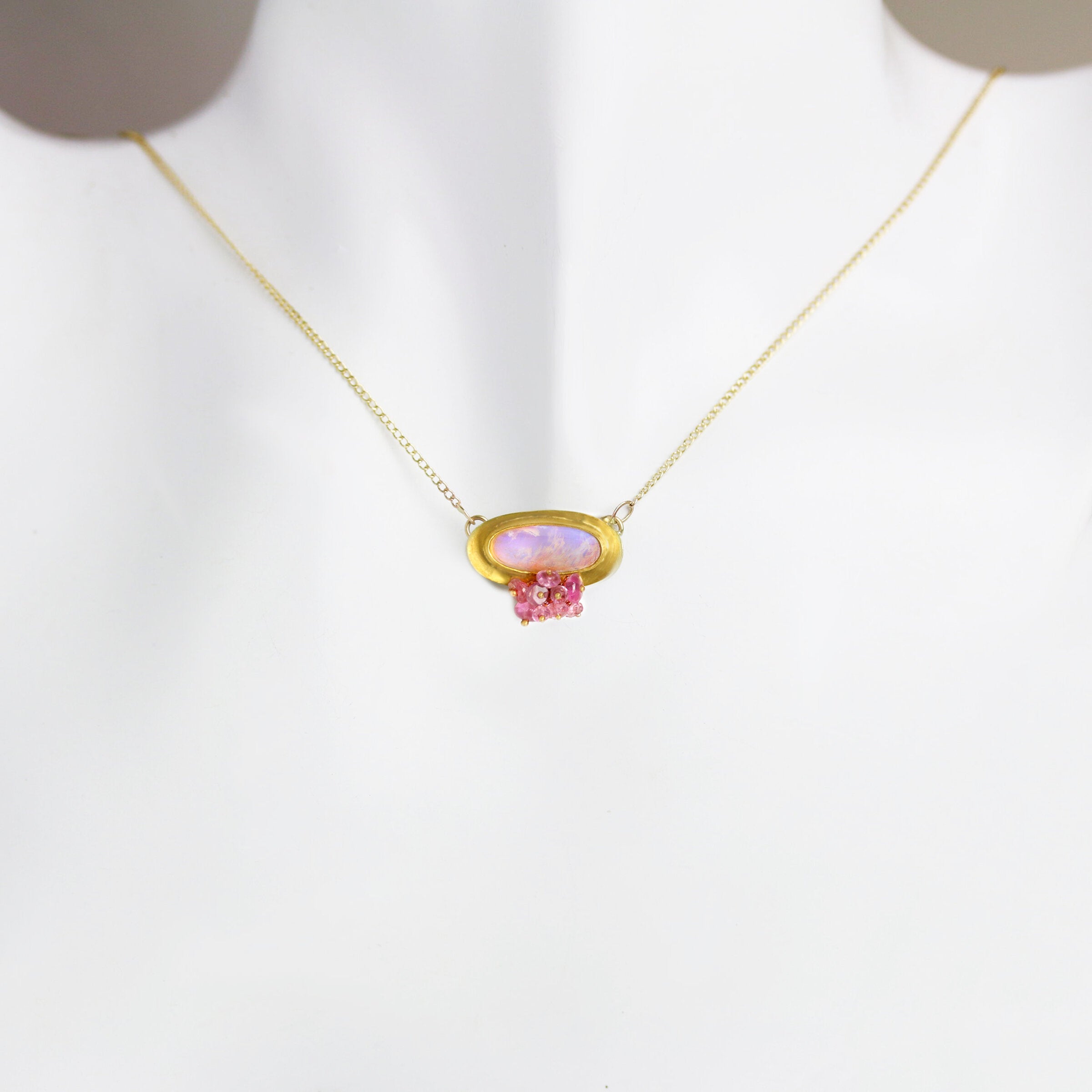 Rose and Lavender Pipe Crystal Opal Pendant with Pink Sapphire Cluster