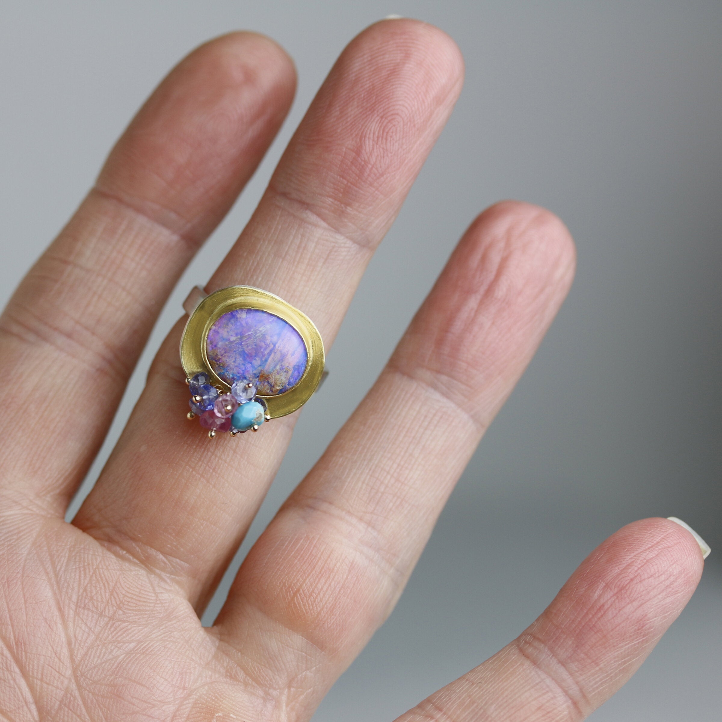 Lilac Crystal Boulder Opal Ring with Multi Cluster