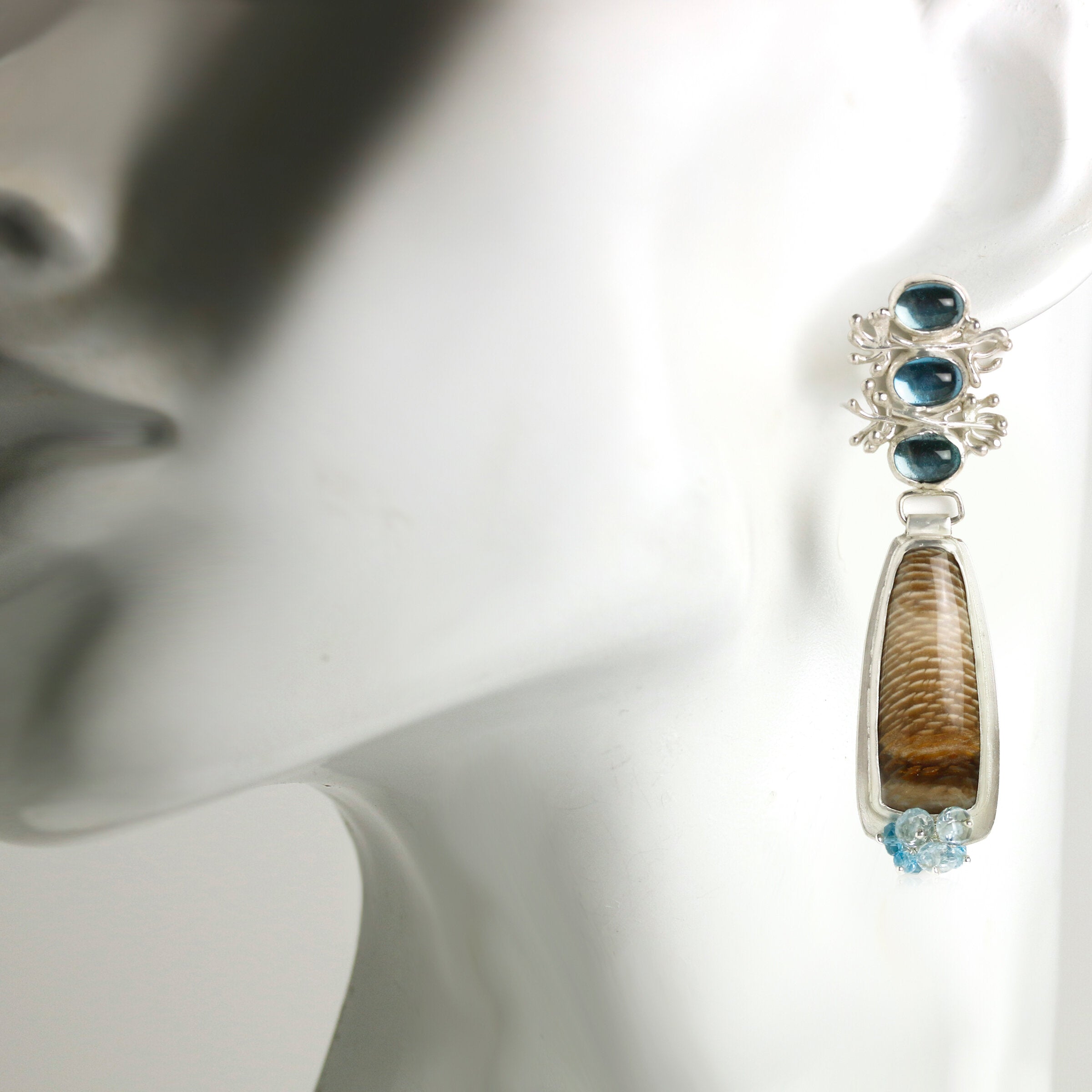 Sprouting Blue Topaz & Petrified Oak Earrings
