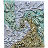 Spiral of Leaves Ceramic Wall Sculpture in Green Blue Glaze Swirl