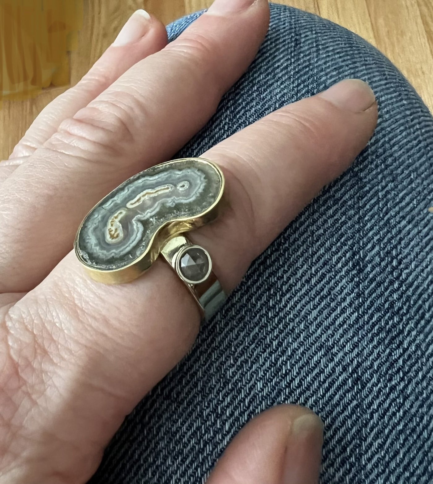 Agate Slice and Gray Diamond Gold Ring