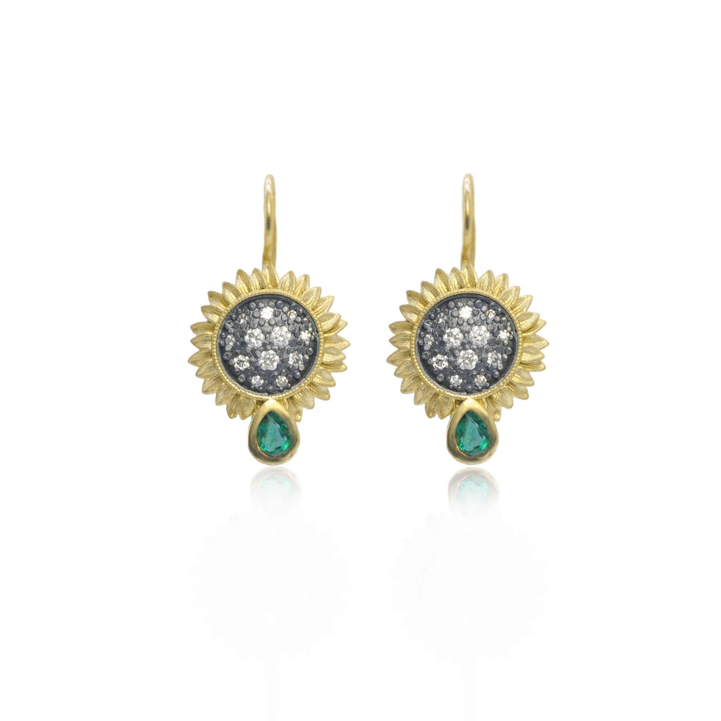 Small Pave Sunflower with Emeralds Earrings