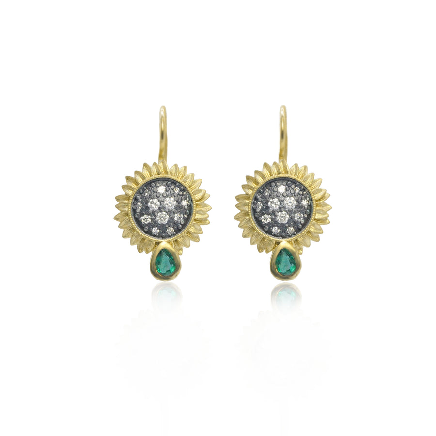 Small Pave Sunflower with Emeralds Earrings