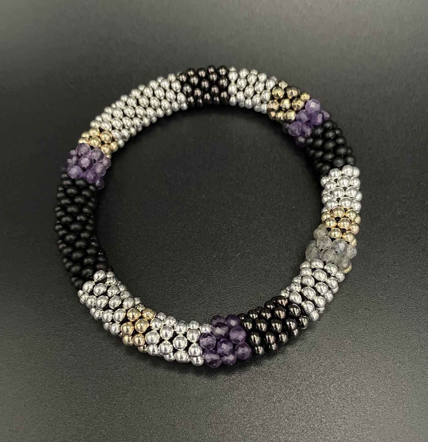 Amethyst and Metallic Bead Crochet Bangle Bracelet