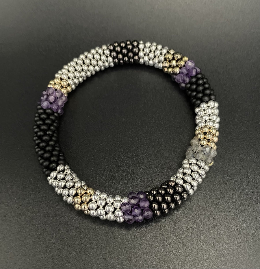 Amethyst and Metallic Bead Crochet Bangle Bracelet